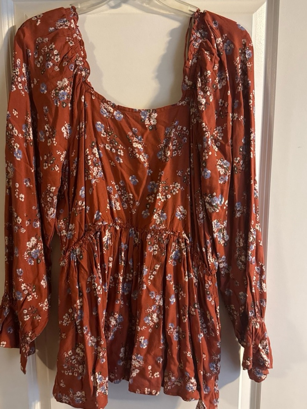 Maurices Rust Floral Peasant Tunic with Blue and White Accents
